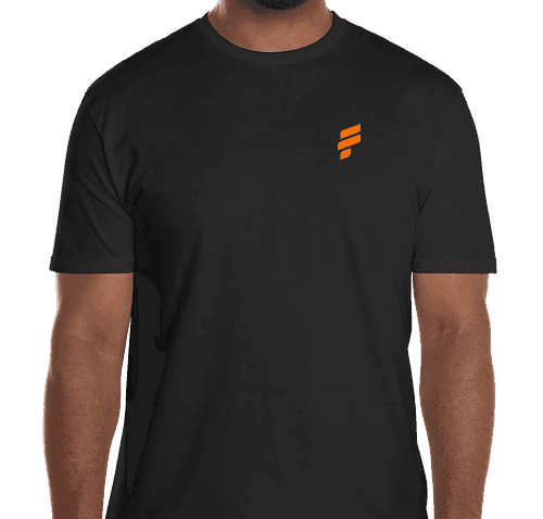 Front of a black Firezone T-shirt with the orange Firezone logo on the chest