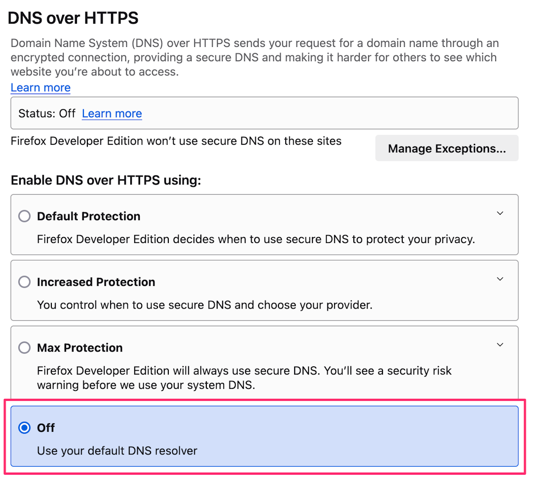 Firefox DNS-over-HTTPS settings