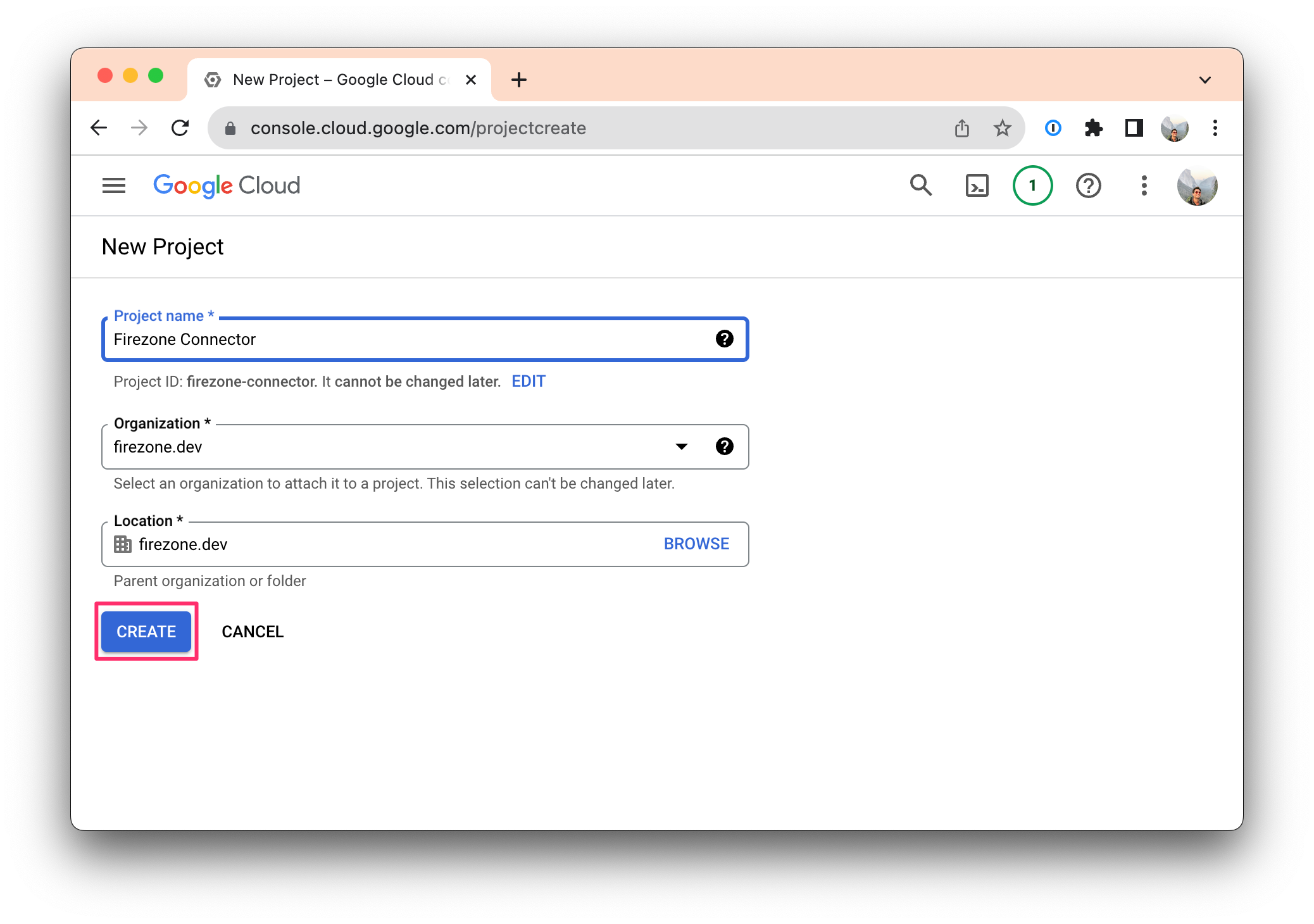 Create project in GCP