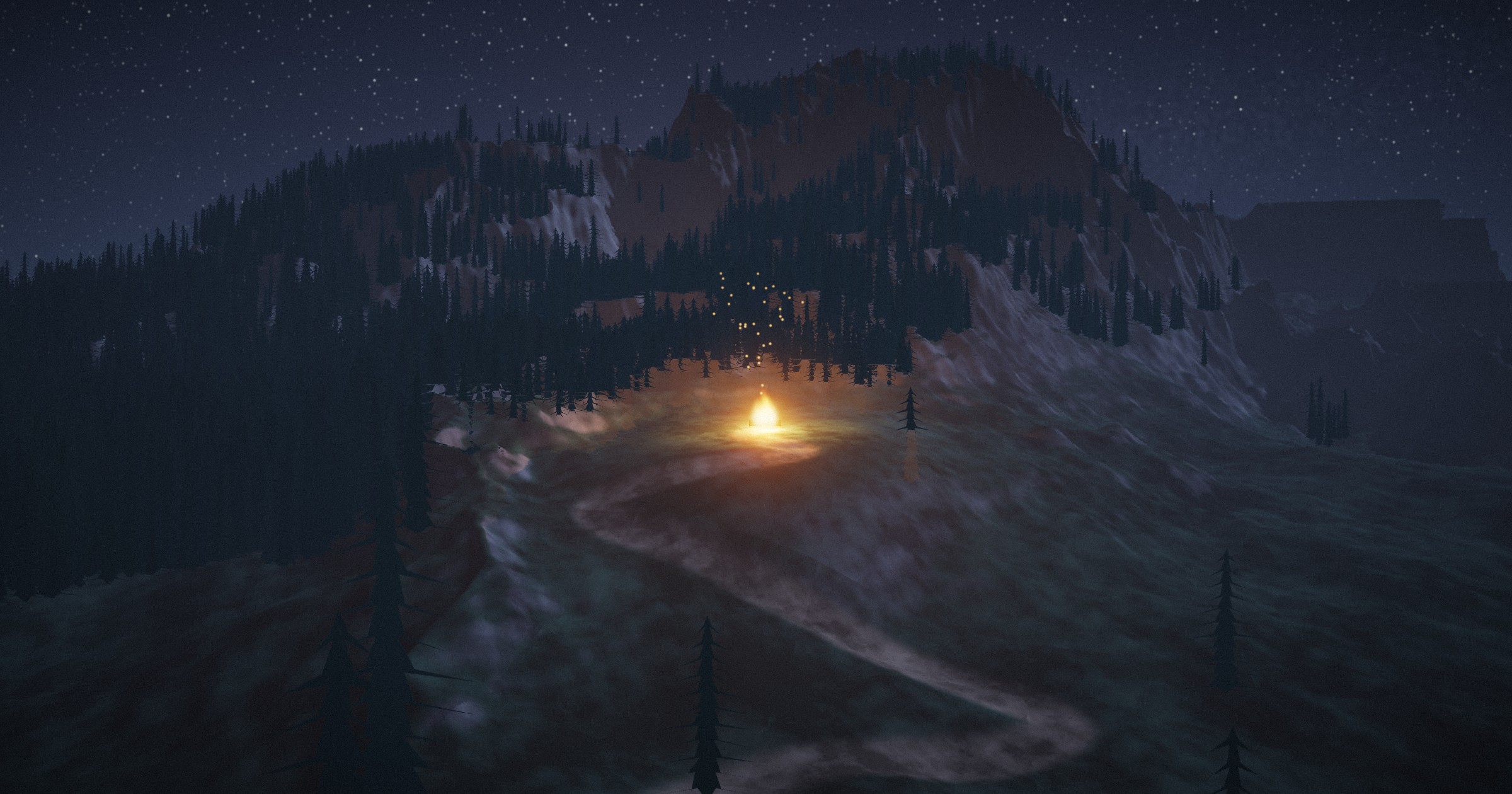 A campfire glowing at the end of a trail on a moonlit mountain